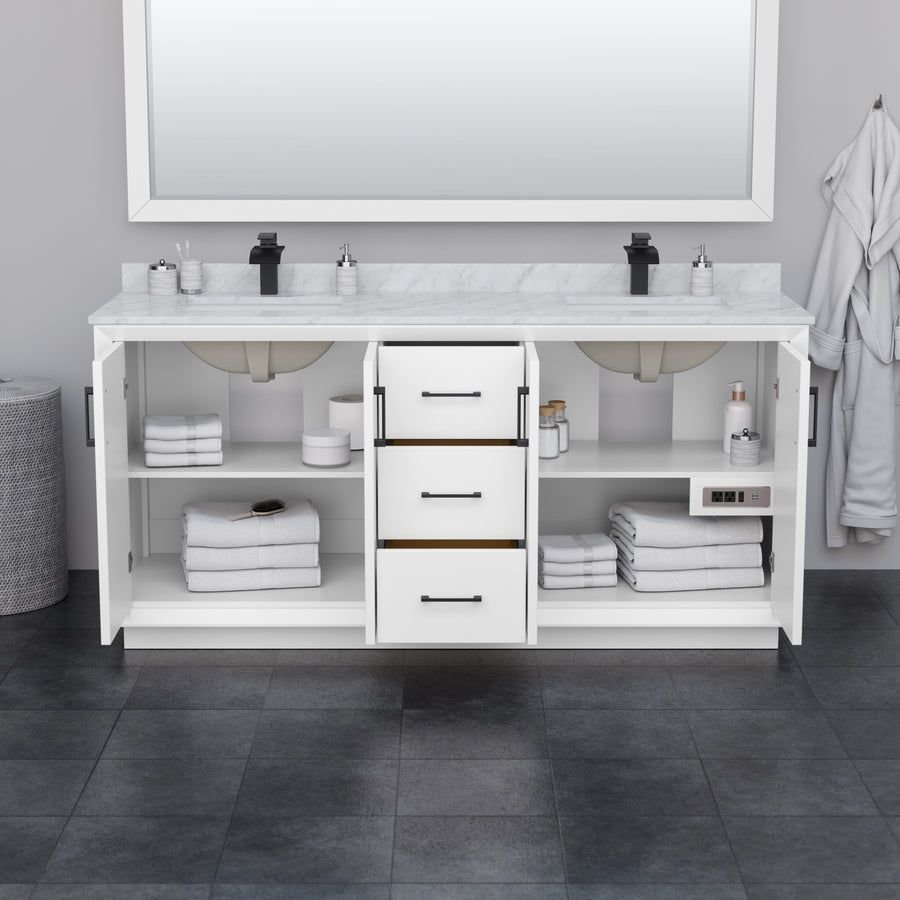 Bathroom idea with the Strada 72 Inch Double Bathroom Vanity in White Carrara Cultured Marble, Wyndham Collection