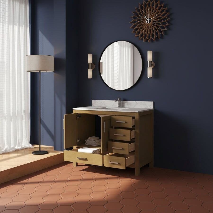 Bathroom idea with the New England Home Goods 42" Modern Quartz Top Natural Wood Vanity, New England Home Goods
