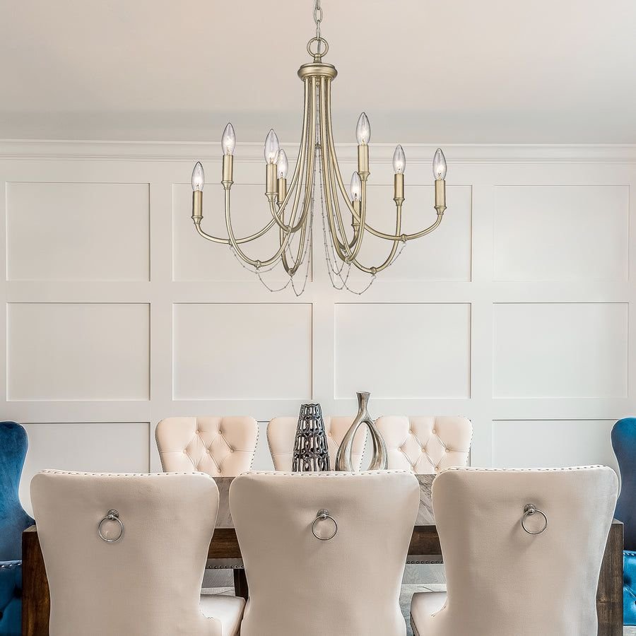 Living room idea with the Kamila 8 Light Chandelier in White Gold, Golden Lighting