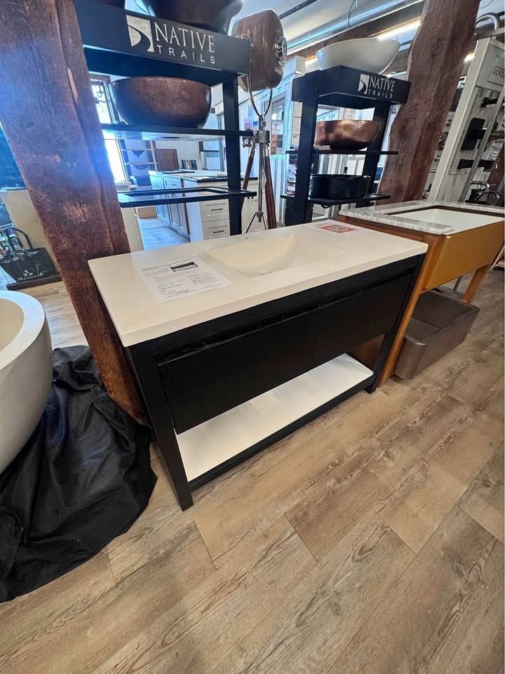 Bathroom idea with the Native Trails 48" Solace Vanity in Midnight Oak with Pearl Shelf and M, Showroom