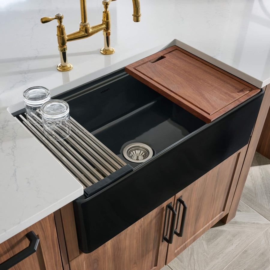 Kitchen idea with the Ruvati 33 inch Fireclay Workstation Black Farmhouse Kitchen Sink Apron, Ruvati