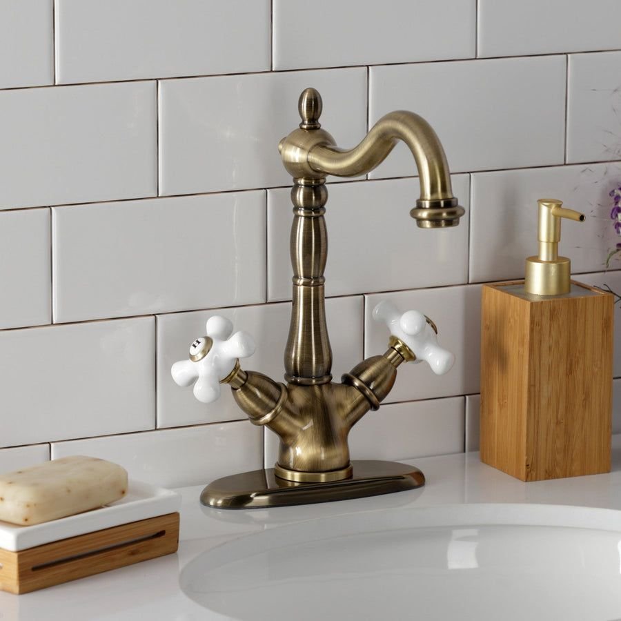Bathroom idea with the Heritage KS1493PX Two-Handle 1-or-3 Hole Deck Mount Vessel Faucet, Ant, Kingston Brass