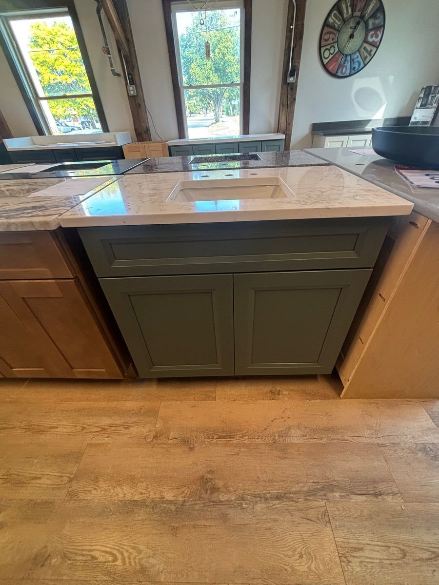 Bathroom idea with the 36” 802 Bolton Green Vanity W/ 36” Polished Cinela Quartz Top, PoshHaus