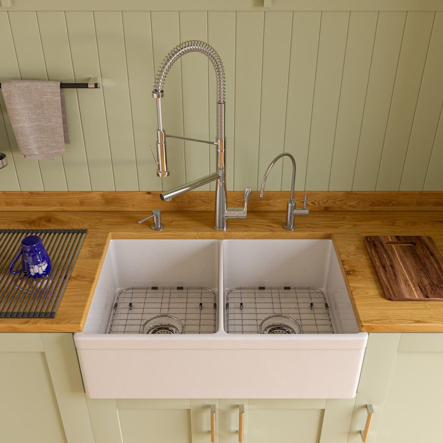 Kitchen idea with the ALFI brand AB539-W White 32" Decorative Lip Apron Double Bowl Fireclay, ALFI