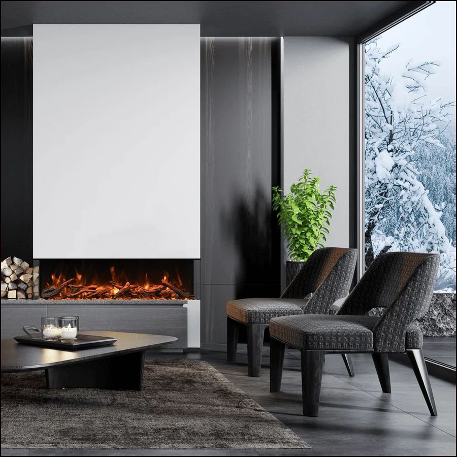 A modern living room with a linear electric fireplace in a dark media wall beside a snowy window