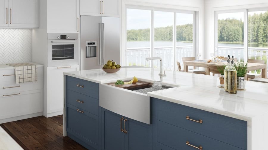 Kitchen idea with the Ruvati 33" Apron-front Workstation Low-Divide Double Bowl 60/40 Farmho, Ruvati