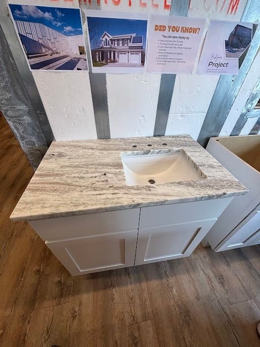 Bathroom idea with the 38" White Dove Cab-Tec Vanity W/ 38" Right Sided Leathered Fantasy Bro, Showroom