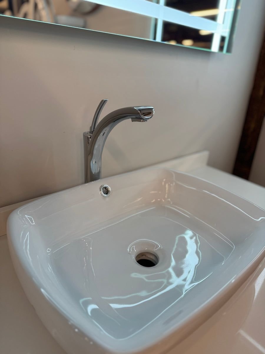 Bathroom idea with the 48" Floating White Vanity Set with Quartz Top, Ceramic Vessel Sink, an, Showroom