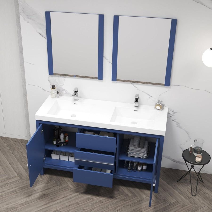 Bathroom idea with the Blossom Milan 60" 2-Door 3-Drawer Navy Blue Freestanding Vanity Base, Blossom