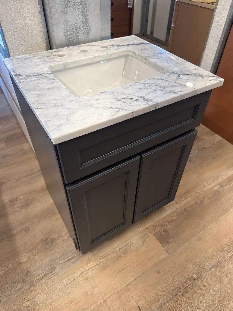 Bathroom idea with the 24" Navy Blue Luxury Vanity with White Carrara Marble Top & Undermount, Showroom