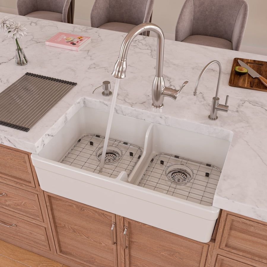 Kitchen idea with the ALFI brand AB5123-W White 32" Short Wall Double Bowl Lip Apron Firecla, ALFI