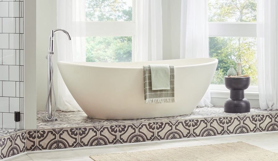 Bathroom idea with the Contemporary Floor Mount Tub Filler Trim Kit with Handshower, Gerber