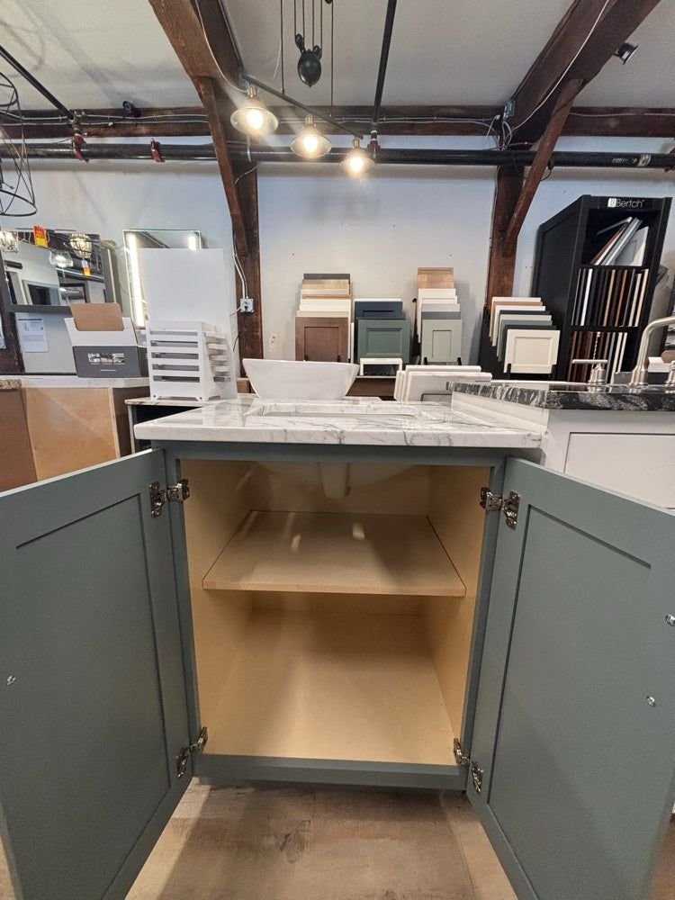 Bathroom idea with the 25" Sage Green Bathroom Vanity with Elk Carrara Marble Top, Showroom