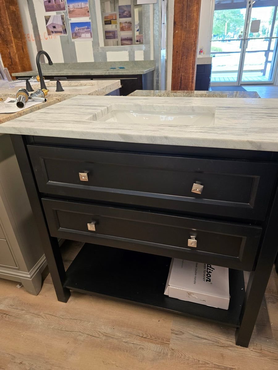 Bathroom idea with the 36" Jeffrey Alexander Black Adler Vanity with Roman White Natural Ston, Showroom