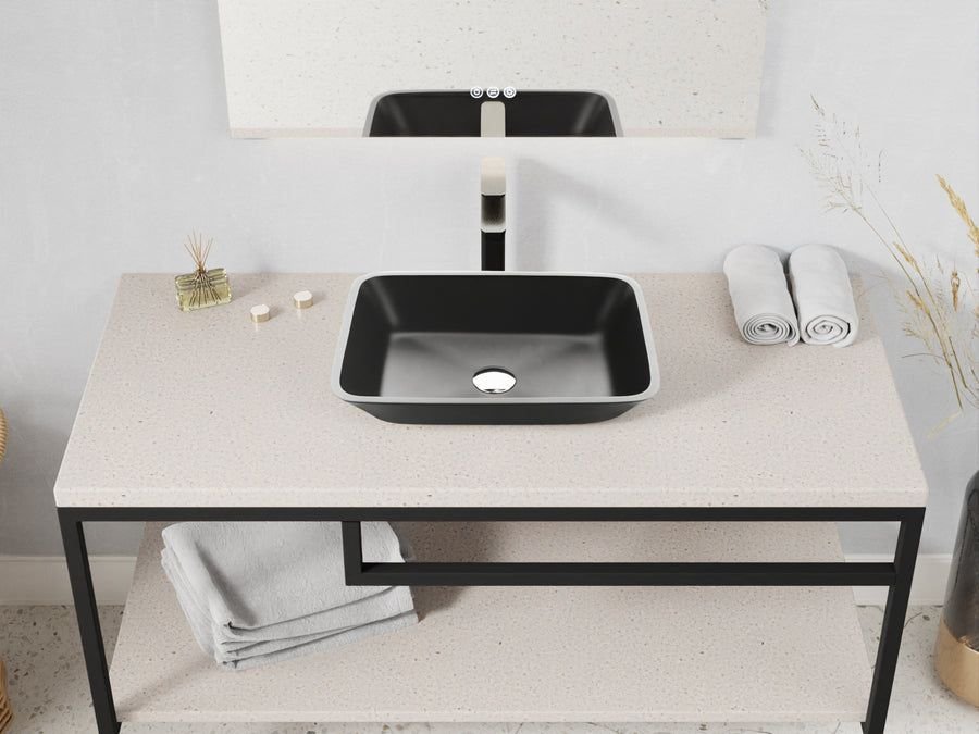 Bathroom idea with the ANZZI LS-AZ911MB Innovio Rectangle Glass Vessel Bathroom Sink with Mat, ANZZI