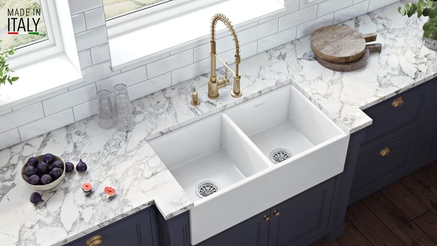 Kitchen idea with the Ruvati 33 x 18 inch Fireclay Farmhouse Apron-Front Kitchen Sink Double, Ruvati