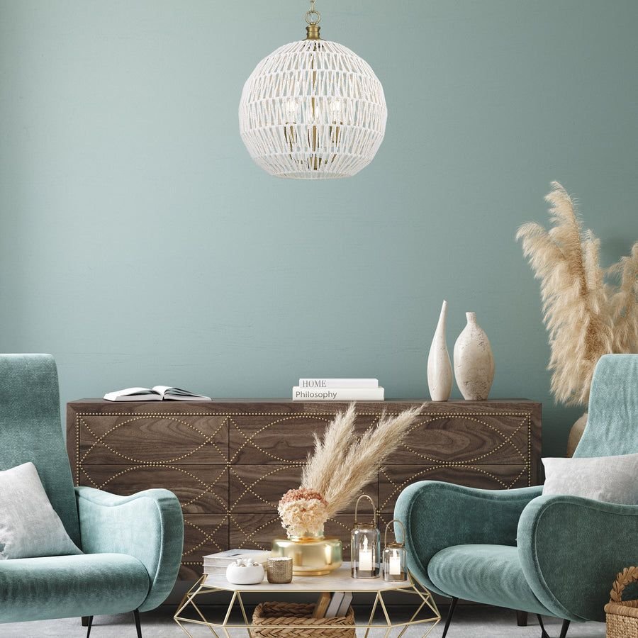 Living room idea with the Florence 5-Light Pendant in Brushed Champagne Bronze and Bleached Whit, Golden Lighting