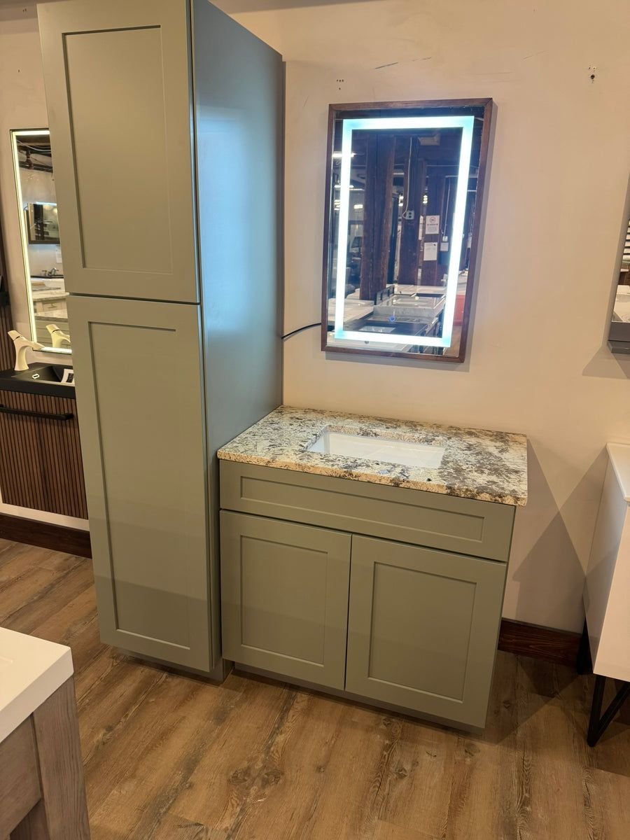 Bathroom idea with the 36" Moss Green Shaker Vanity with Granite Top, Showroom