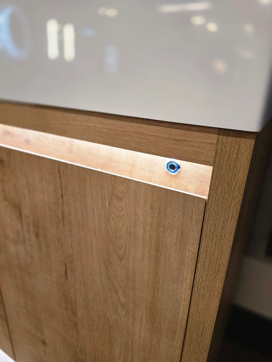 Bathroom idea with the 36" Capri Classic Oak Vanity with an Acrylic Basin, Brushed Gold Pfist, Showroom
