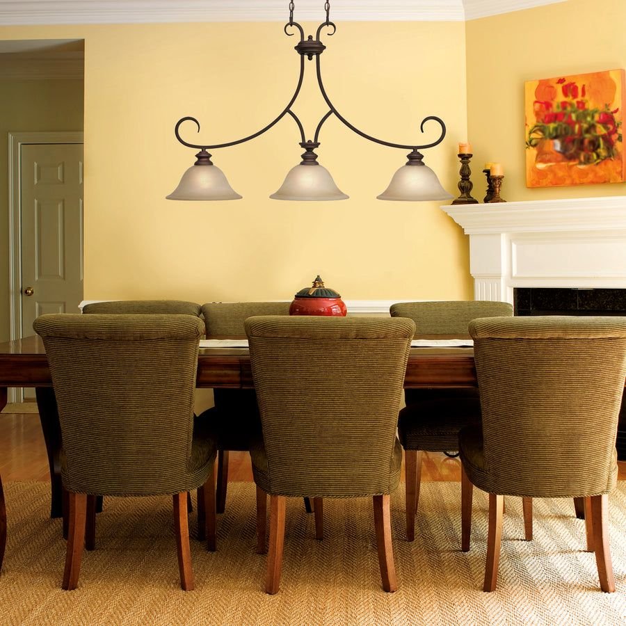 Living room idea with the Lancaster 3 Light Linear Pendant in Rubbed Bronze with Antique Marbled, Golden Lighting