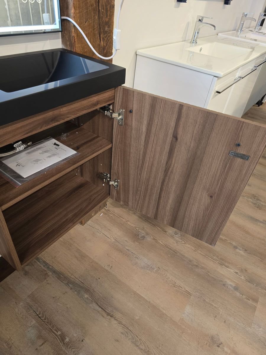 Bathroom idea with the 20" Rimini Floating Vanity Set Maple Finish, Wall Panel + LED Mirror, Showroom