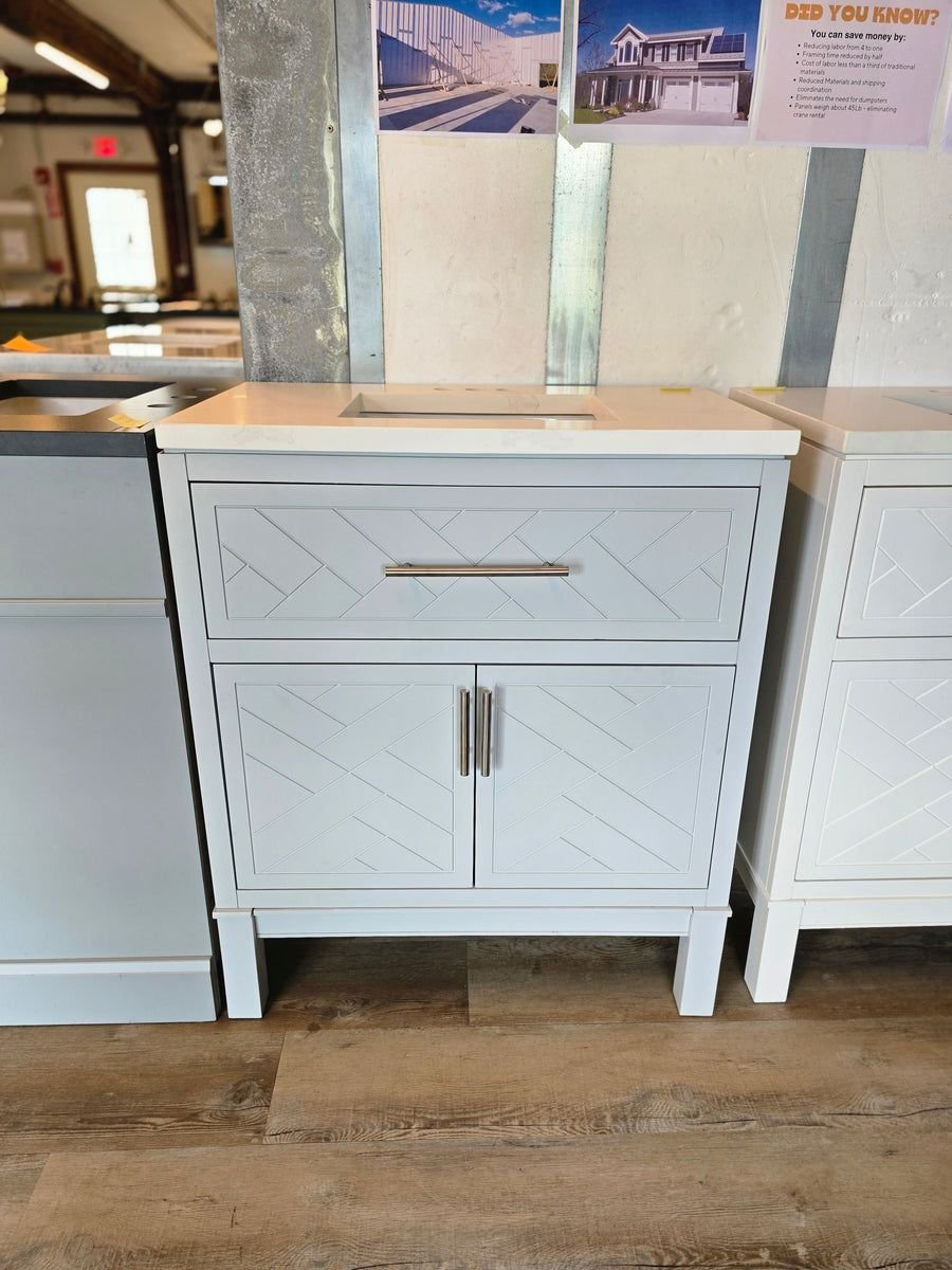 Bathroom idea with the 30" Grey Kohler Vanity with Custom Marble Top, Showroom