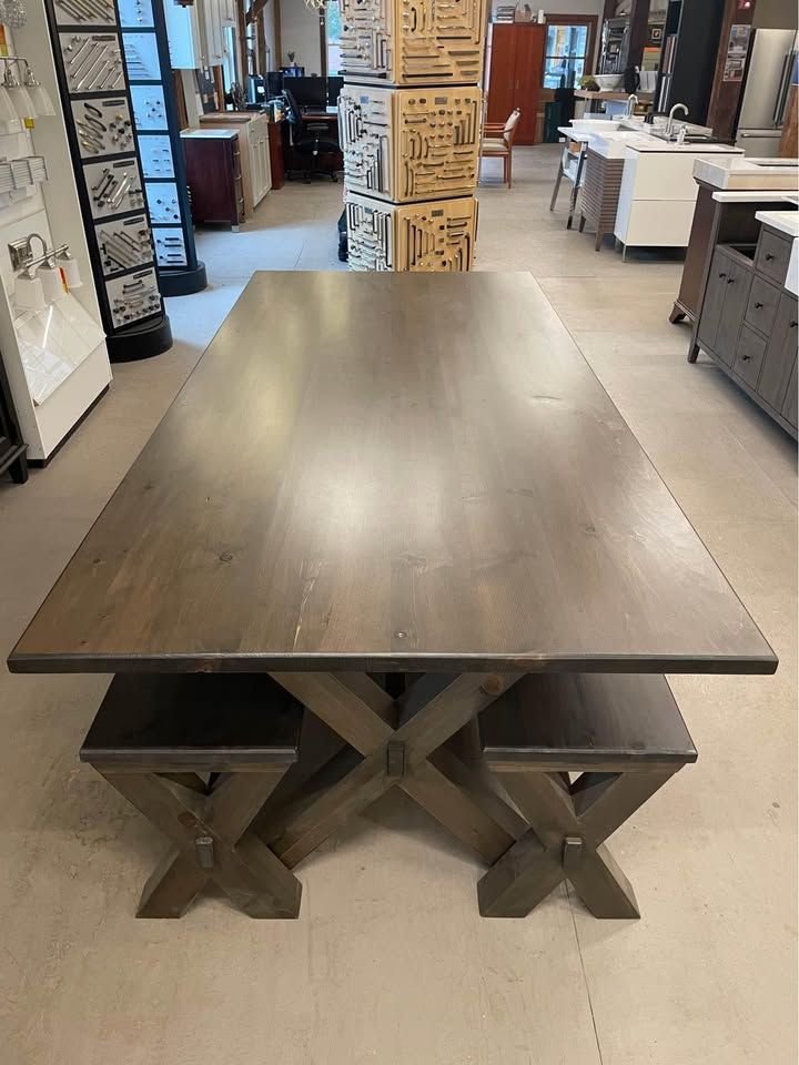Kitchen idea with the Mountain View Woodworking 96" x 44" FarmHouse Trestle Table w/Benches, Mountain View Woodworking