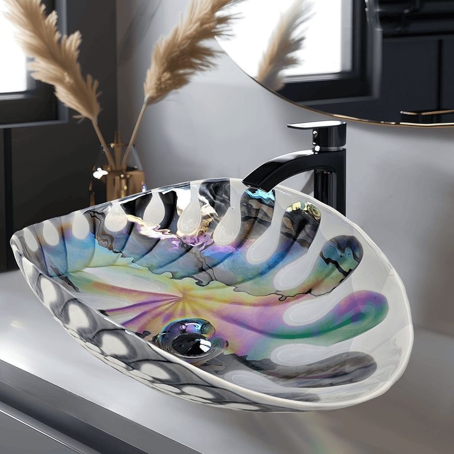 Bathroom idea with the Ruvati 19 inch Murano Glass Art Vessel Seashell Decorative Pattern Bat, Ruvati