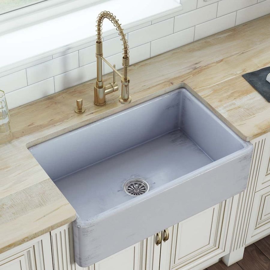 Kitchen idea with the Ruvati 33 inch Fireclay Distressed Finish Farmhouse Apron-Front Kitche, Ruvati