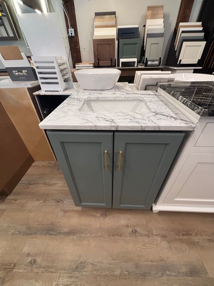 Bathroom idea with the 25" Sage Green Bathroom Vanity with Elk Carrara Marble Top, Showroom