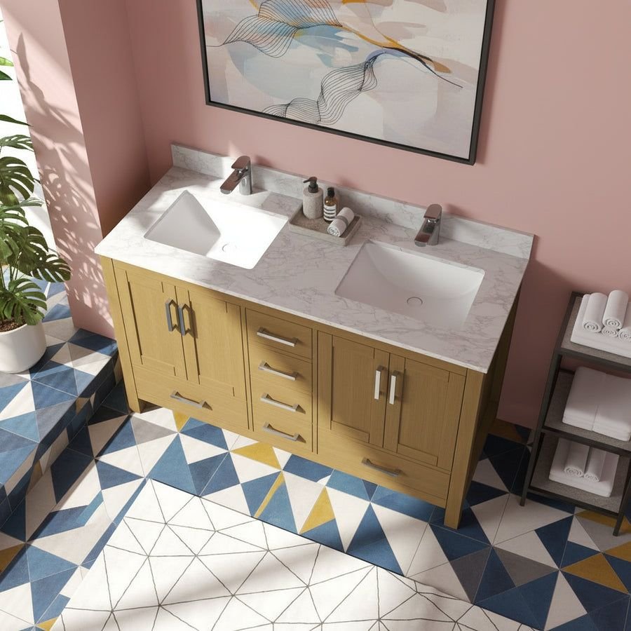 Bathroom idea with the New England Home Goods 55" Natural Wood Double Sink Vanity with Quartz, New England Home Goods