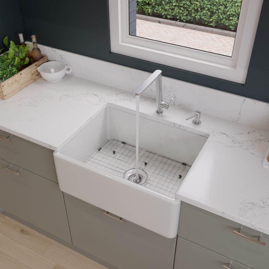 Kitchen idea with the ALFI brand AB505-W White 26" Contemporary Smooth Apron Fireclay Farmho, ALFI