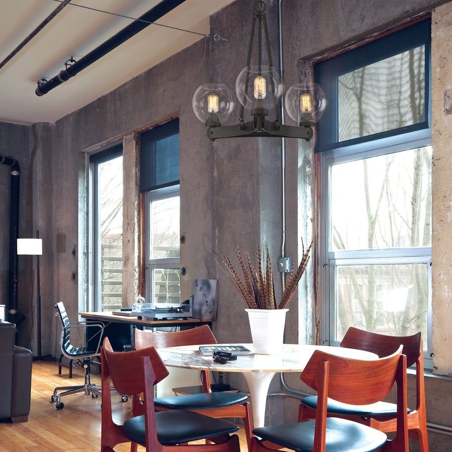 Living room idea with the Galveston 3-Light Chandelier in Rubbed Bronze with Seeded Glass, Golden Lighting
