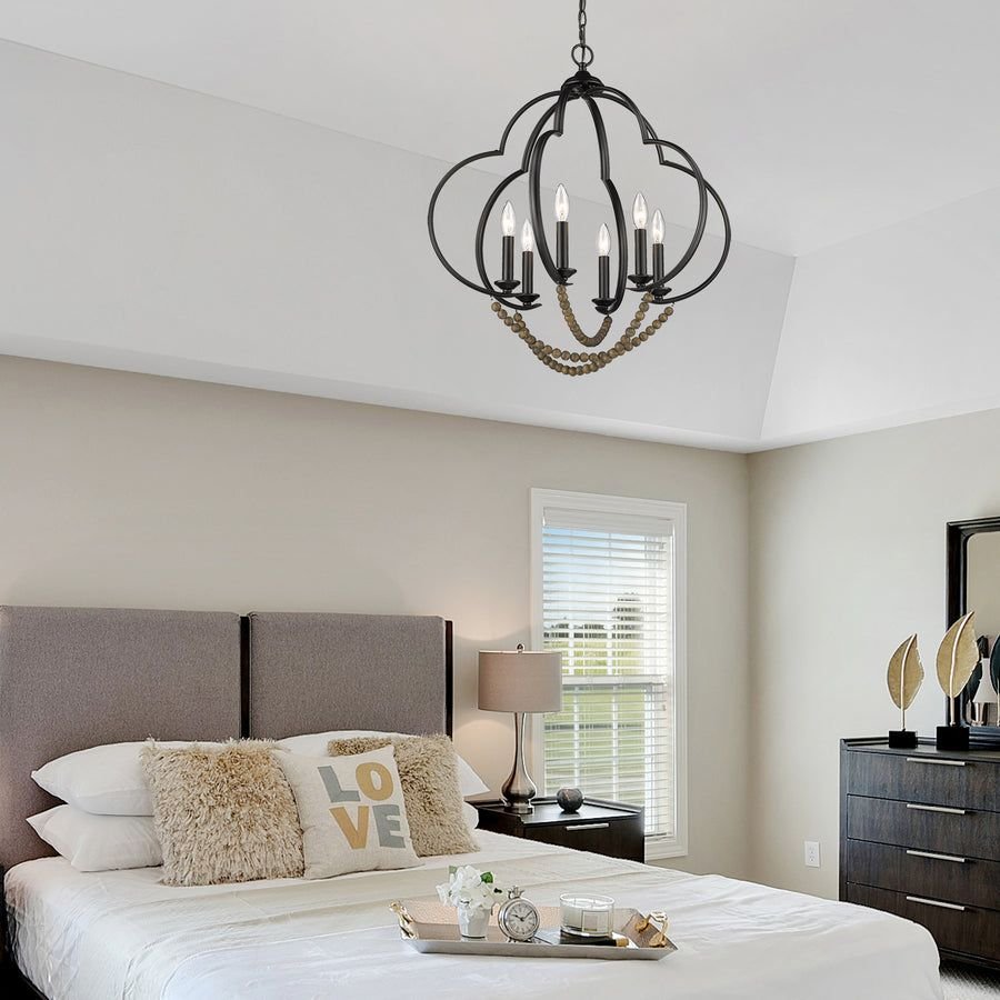 Living room idea with the Flori 6 Light Pendant in Matte Black with Espresso Wood Beads, Golden Lighting