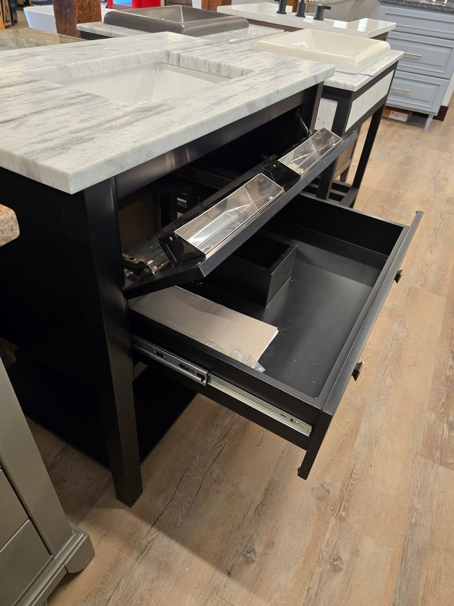 Bathroom idea with the 36" Jeffrey Alexander Black Adler Vanity with Roman White Natural Ston, Showroom
