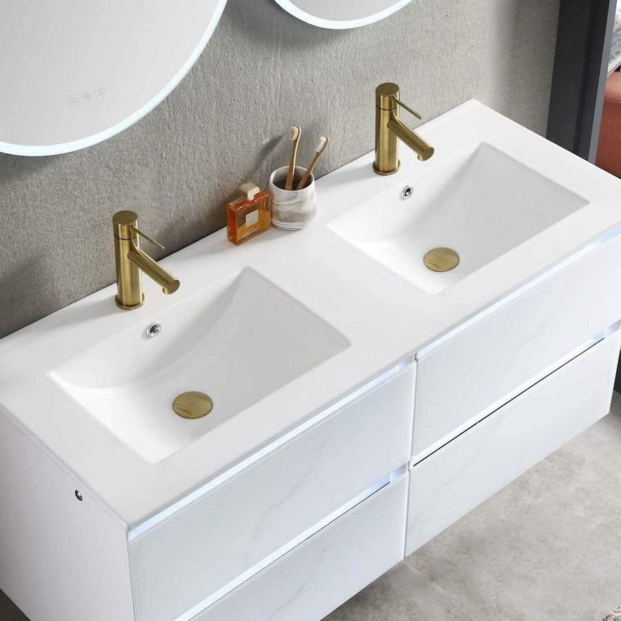 Bathroom idea with the Blossom Jena 48" 2-Drawer Calacatta White Wall-Mounted Vanity Set With, Blossom