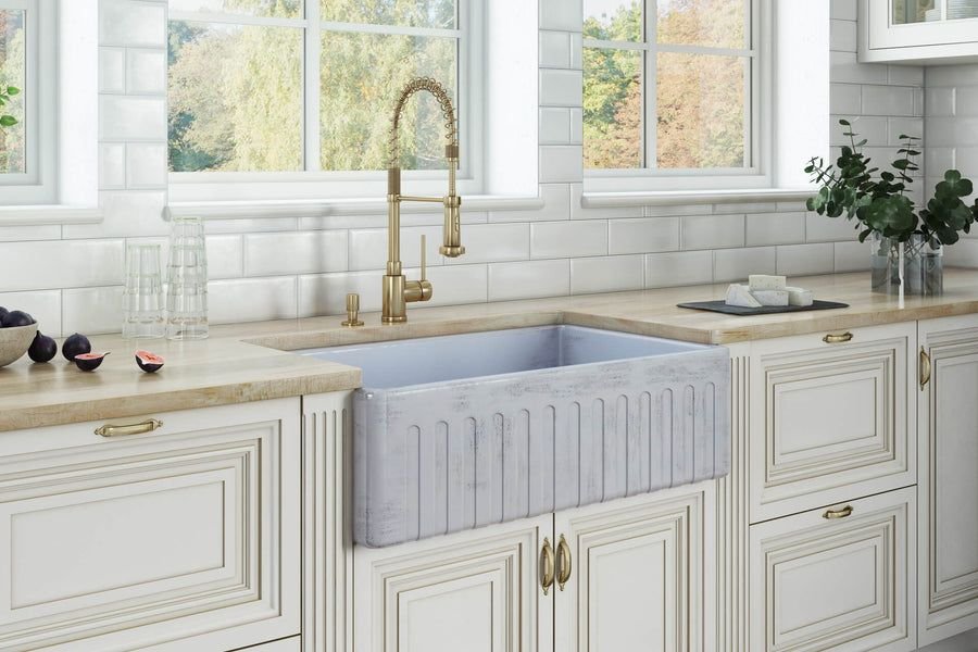 Kitchen idea with the Ruvati 33 inch Fireclay Distressed Finish Farmhouse Apron-Front Kitche, Ruvati