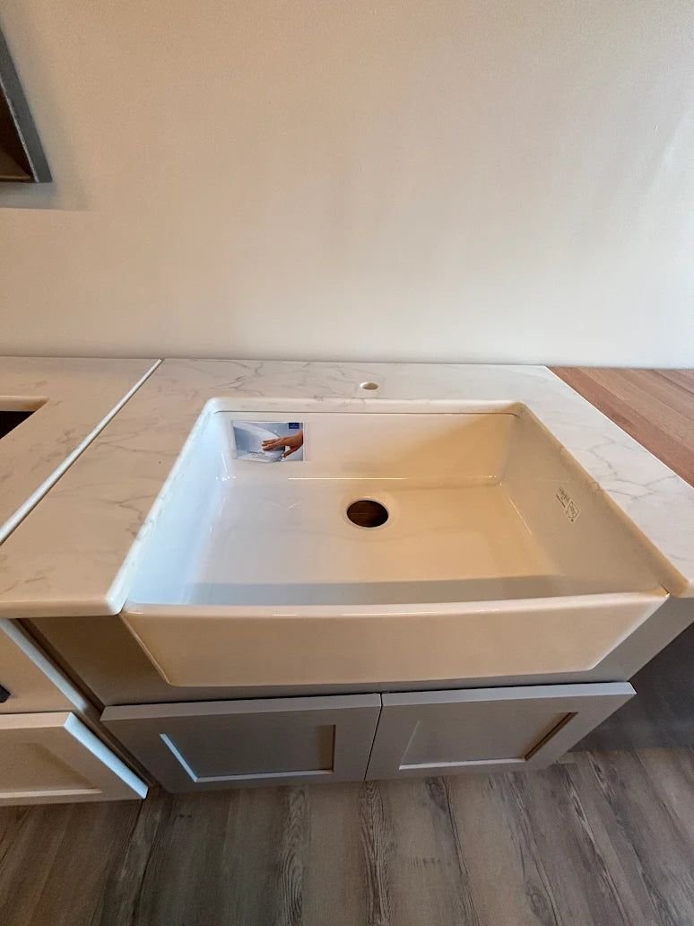 Laundry idea with the 36" PoshHaus Farmhouse Laundry Vanity w/ Solid Wood Base & Quartz Top, Showroom
