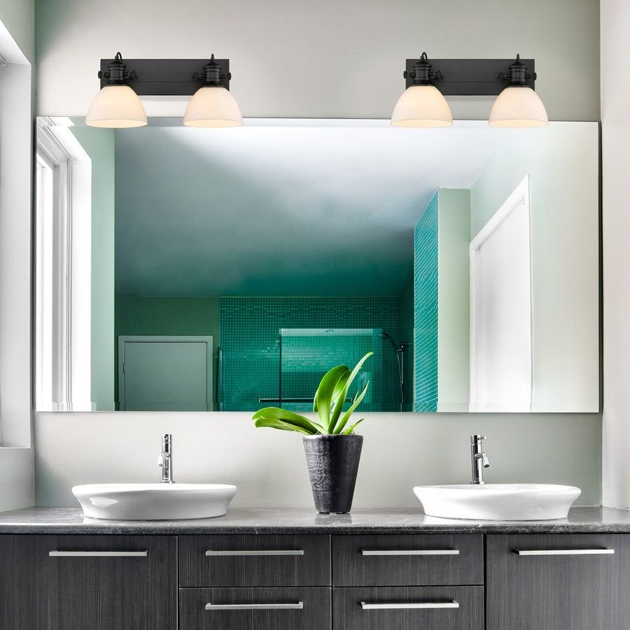 Bathroom idea with the Hines 2-Light Bath Vanity in Matte Black with Opal Glass, Golden Lighting