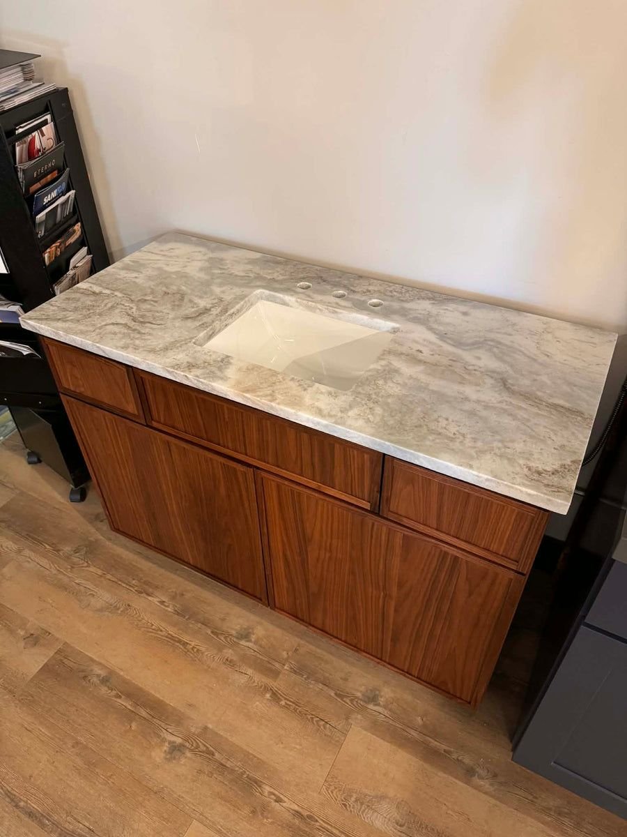 Bathroom idea with the KCD Oslo 48" Walnut Vanity, Sleek Modern Design with Fantasy Brown Na, Showroom