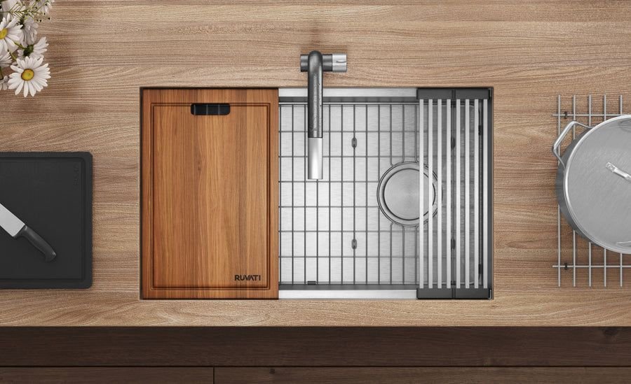 Kitchen idea with the Ruvati 27-inch Workstation Slope Bottom Offset Drain Undermount 16 Gau, Ruvati