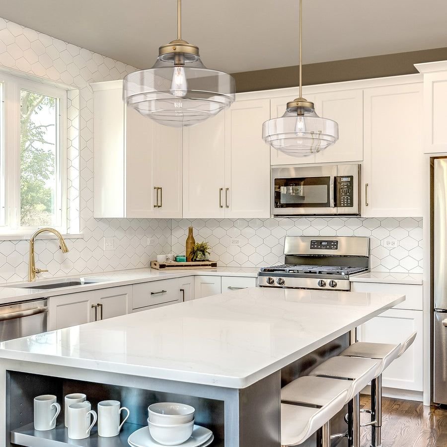 Kitchen idea with the Ingalls Large Pendant in Modern Brass and Clear Glass Shade, Golden Lighting