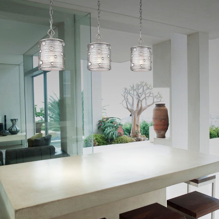 Living room idea with the Joia Mini Pendant in Peruvian Silver with Sterling Mist Shade, Golden Lighting