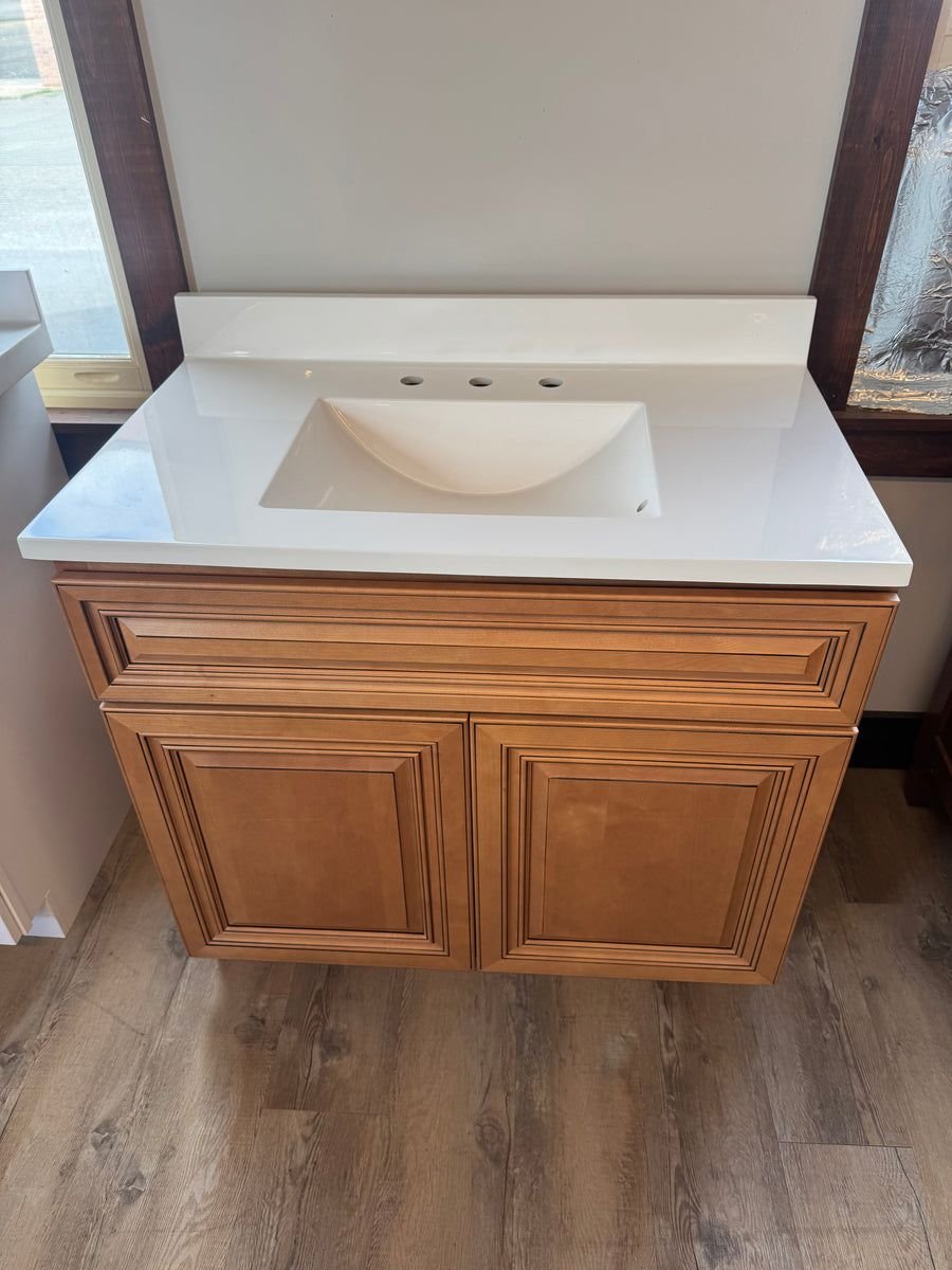 Kitchen idea with the J&K Cabinetry 36" Vanity Sink Base, Cinnamon Glazed with Wolf Cotton, PoshHaus
