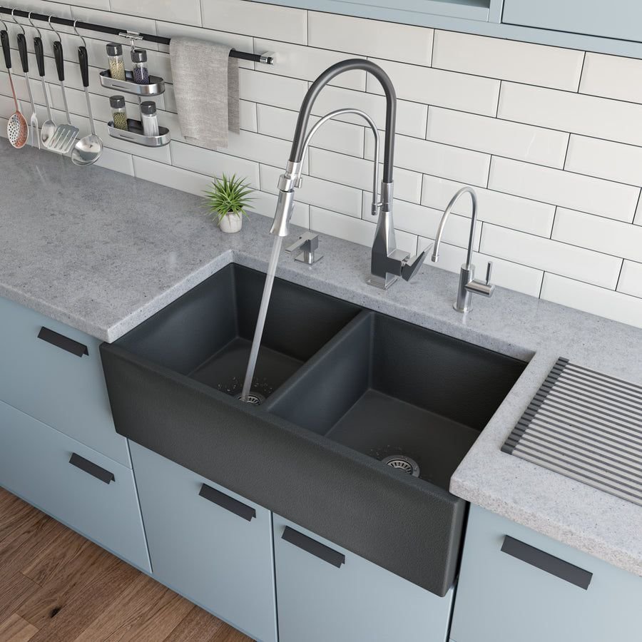 Kitchen idea with the Brushed Nickel Square Kitchen Faucet with Black Rubber Stem, ALFI
