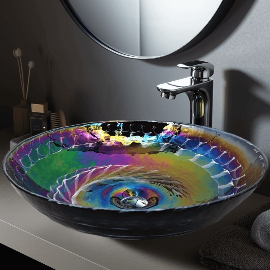 Bathroom idea with the Ruvati 16 inch Murano Glass Art Vessel Circle Decorative Pattern Bathr, Ruvati