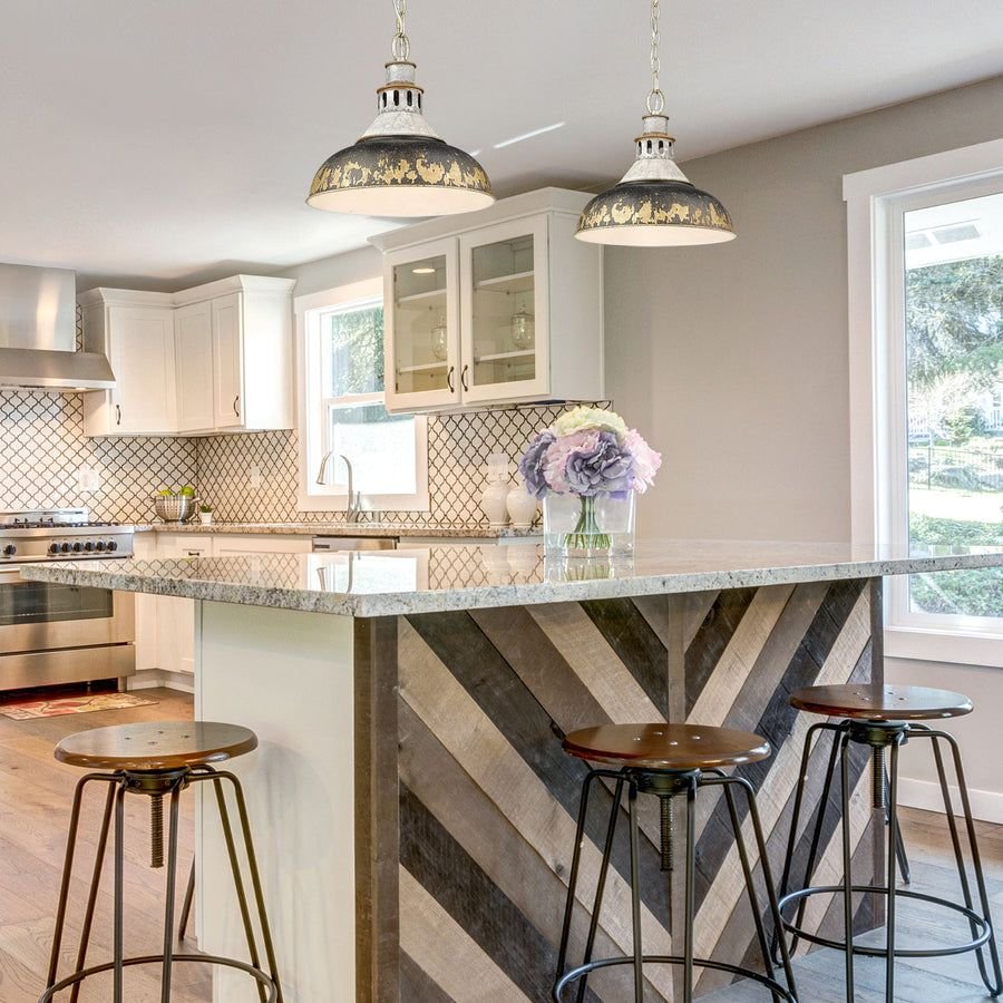 Kitchen idea with the Kinsley Large Pendant in Aged Galvanized Steel, Golden Lighting