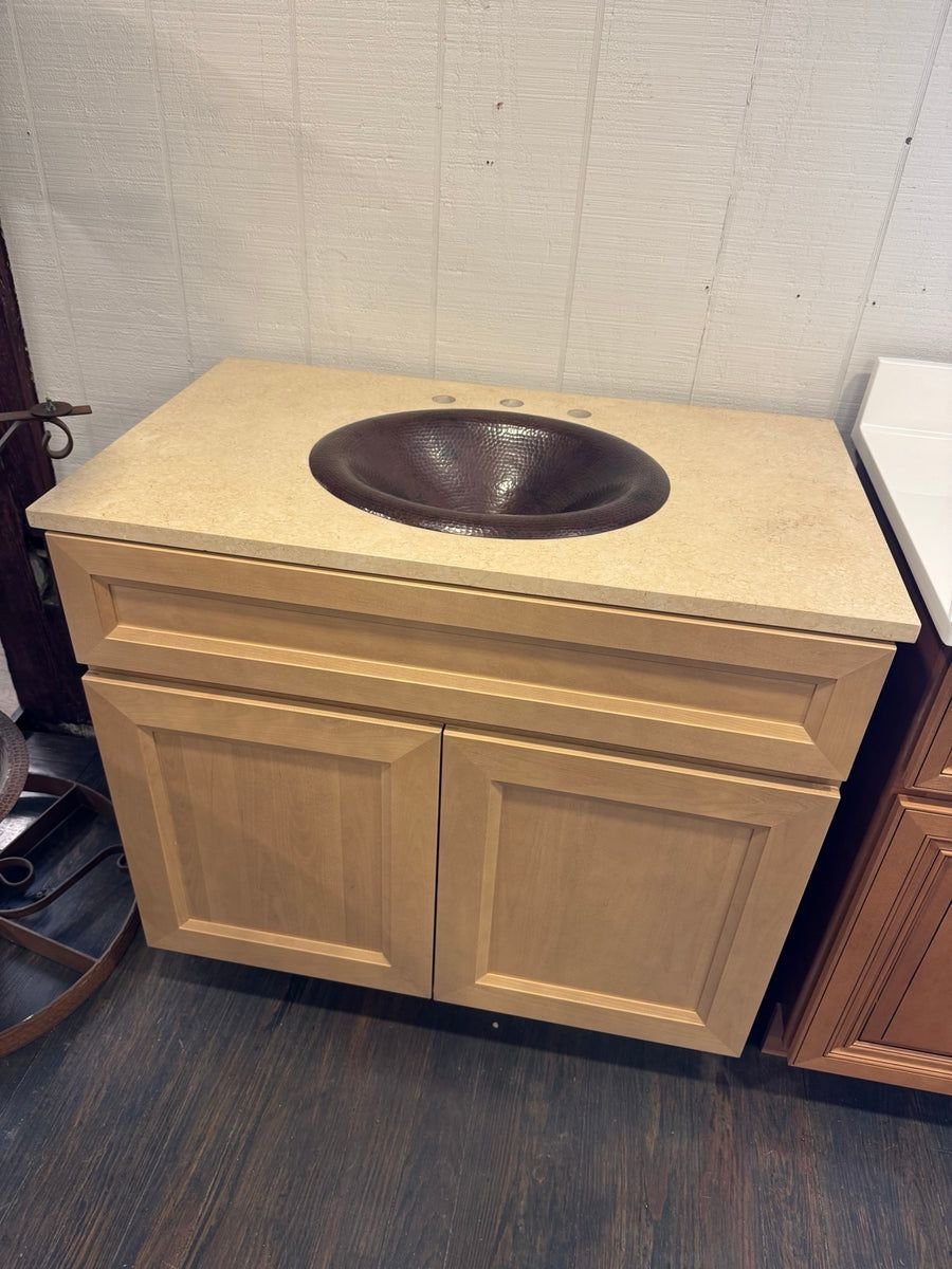 Bathroom idea with the 37" Glorious J&K Cabinetry Natural Wood Vanity with Custom Marble Top, Showroom