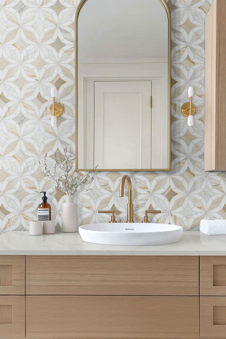 Tile idea with the MSI Athena Gold Estrella Polished Marble Mosaic Tile, Floor and Wall, MSI