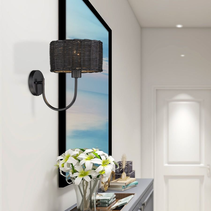Bathroom idea with the Erma 1 Light Wall Sconce in Matte Black with Black Wicker Shade, Golden Lighting